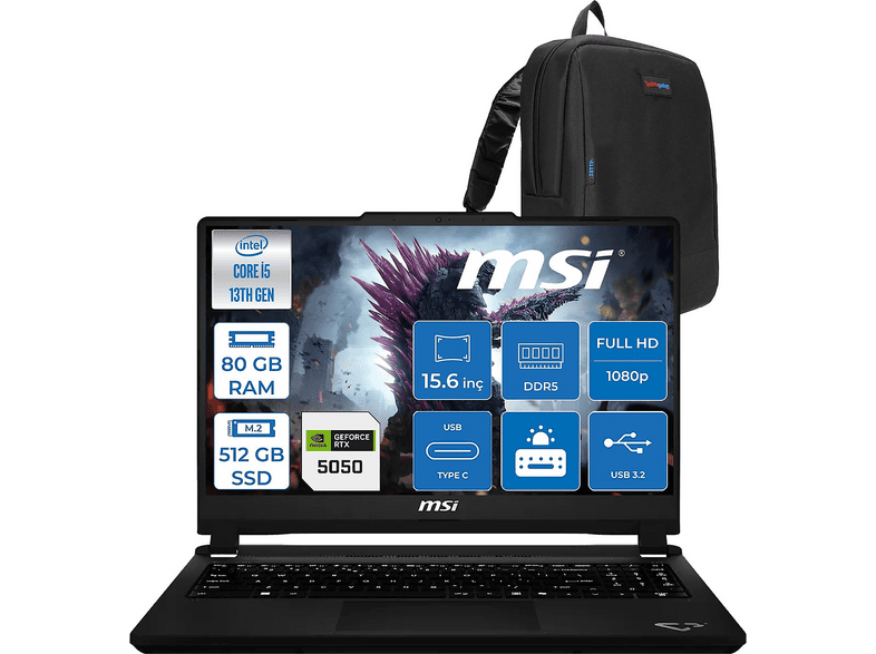 MSI Cyborg 15 Max DDR5 RTX5050 072TRF32 Intel Core i5-13420H 80 GB RAM 512 GB SSD 15,6 inç FreeDOS Laptop+Çanta Platinum Gri