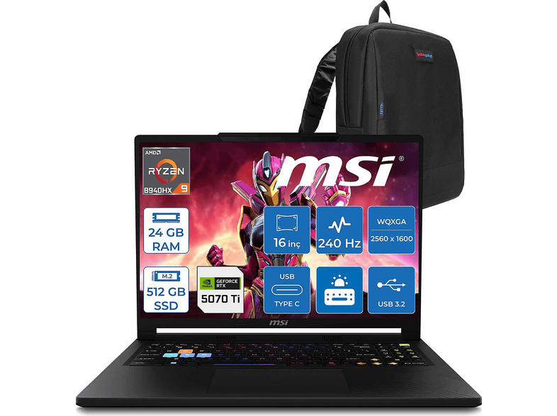 MSI Raider 16 HX DDR5 12GB/RTX5070TI MSW011TRF01 AMD Ryzen 9 8940HX 24 GB RAM 512 GB SSD 16 inç FreeDOS Laptop+Çanta Core Siyah