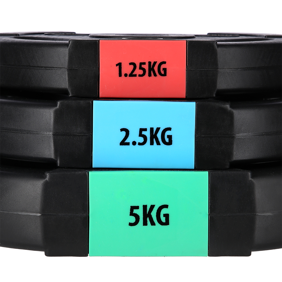Tre dischi per pesi neri impilati, etichettati con 1,25 kg in rosso, 2,5 kg in blu e 5 kg in verde.