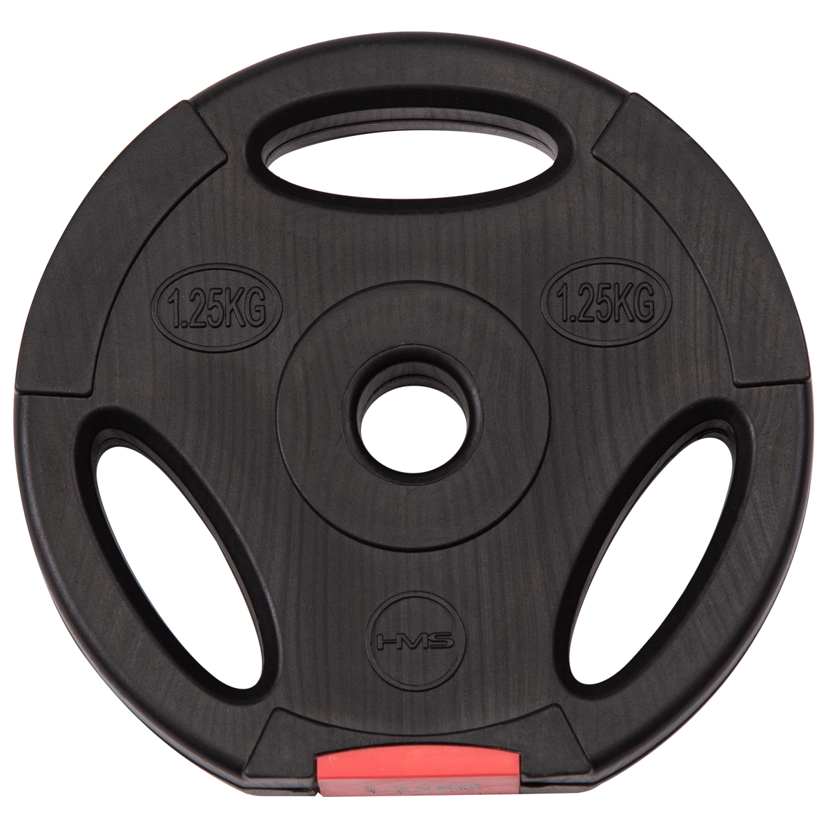 Disco per bilanciere nero, 1.25 kg, con tre maniglie e un inserto rosso in basso.