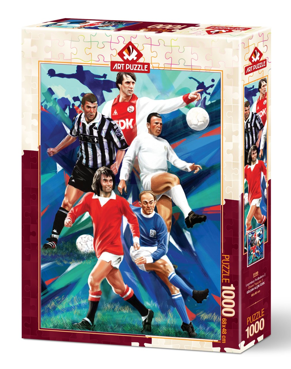 Mavi ve yeşil soyut bir arka plan önünde beş tarihi futbolcunun yer aldığı bir Art Puzzle kutusu.