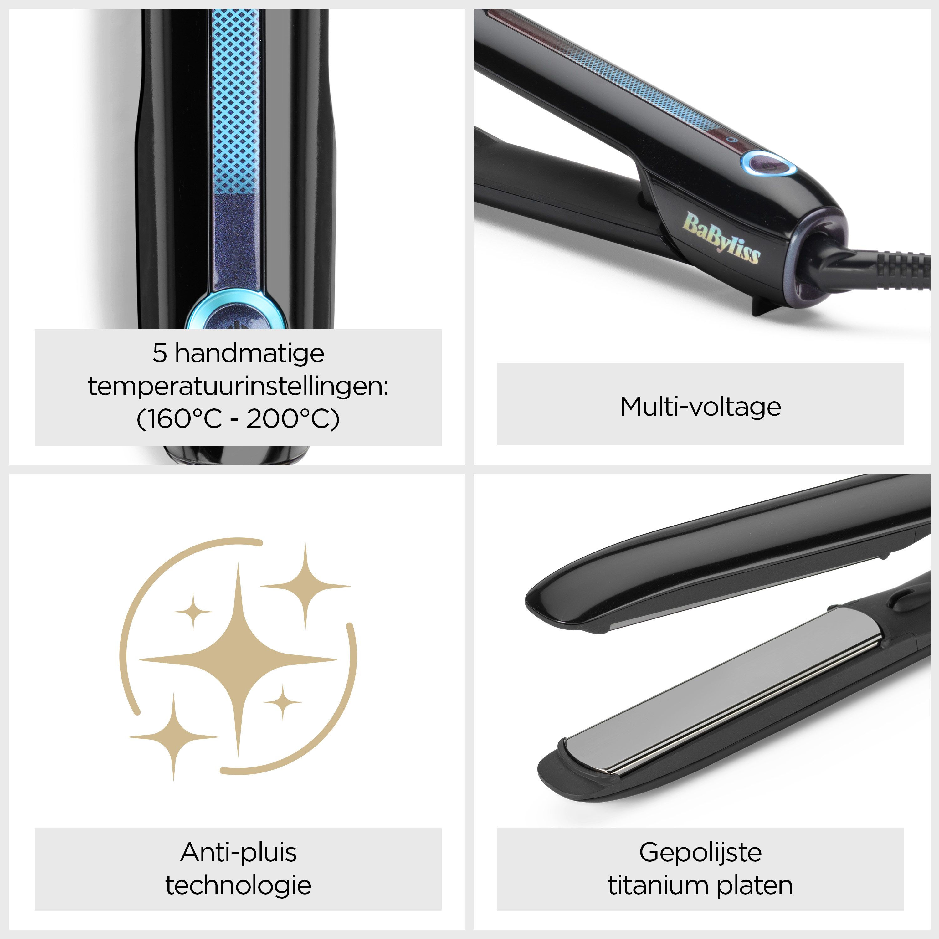 Quattro pannelli che mostrano le caratteristiche della piastra BaByliss: impostazioni di temperatura, multivoltage.