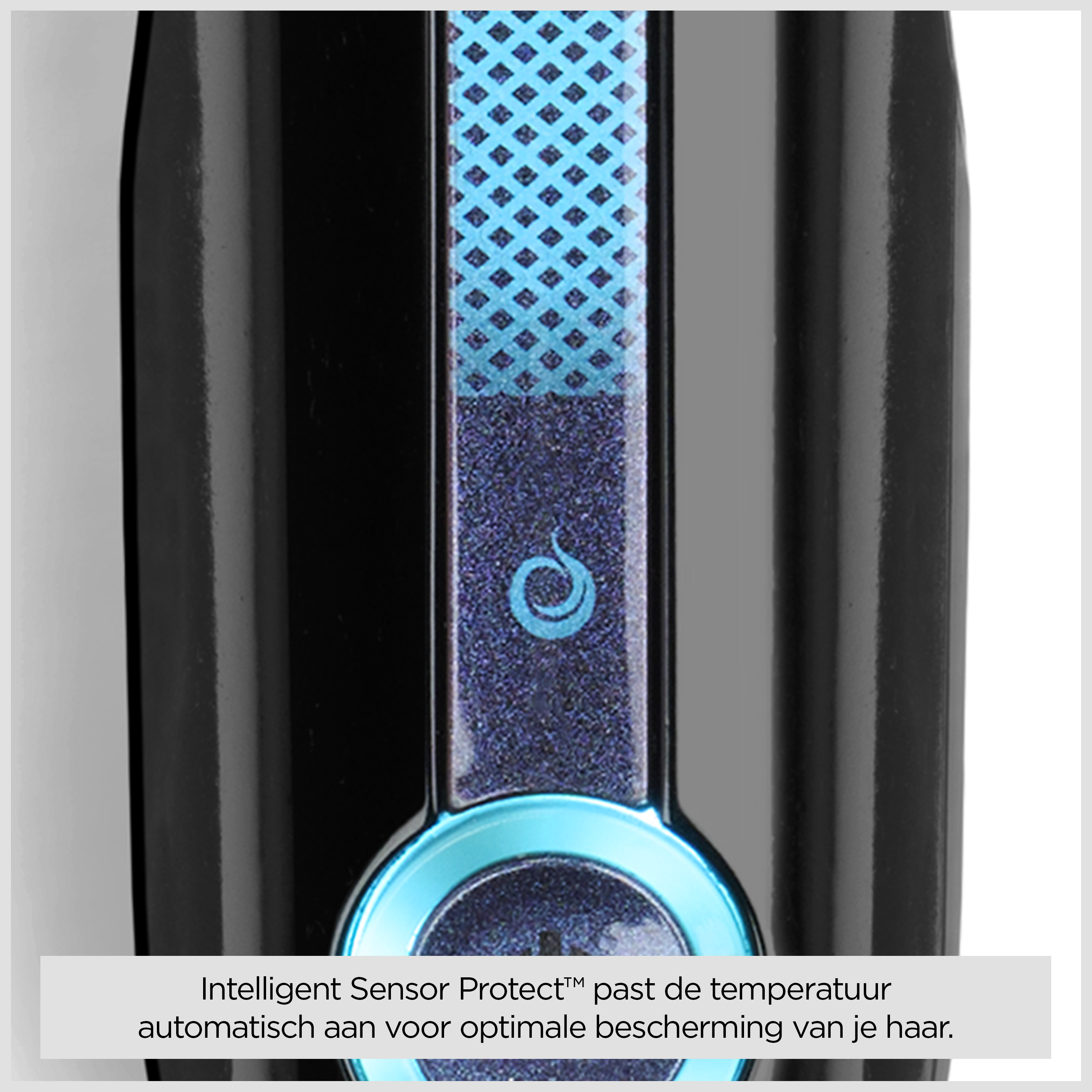 Piastra per capelli nera con motivo blu, logo e anello luminoso.