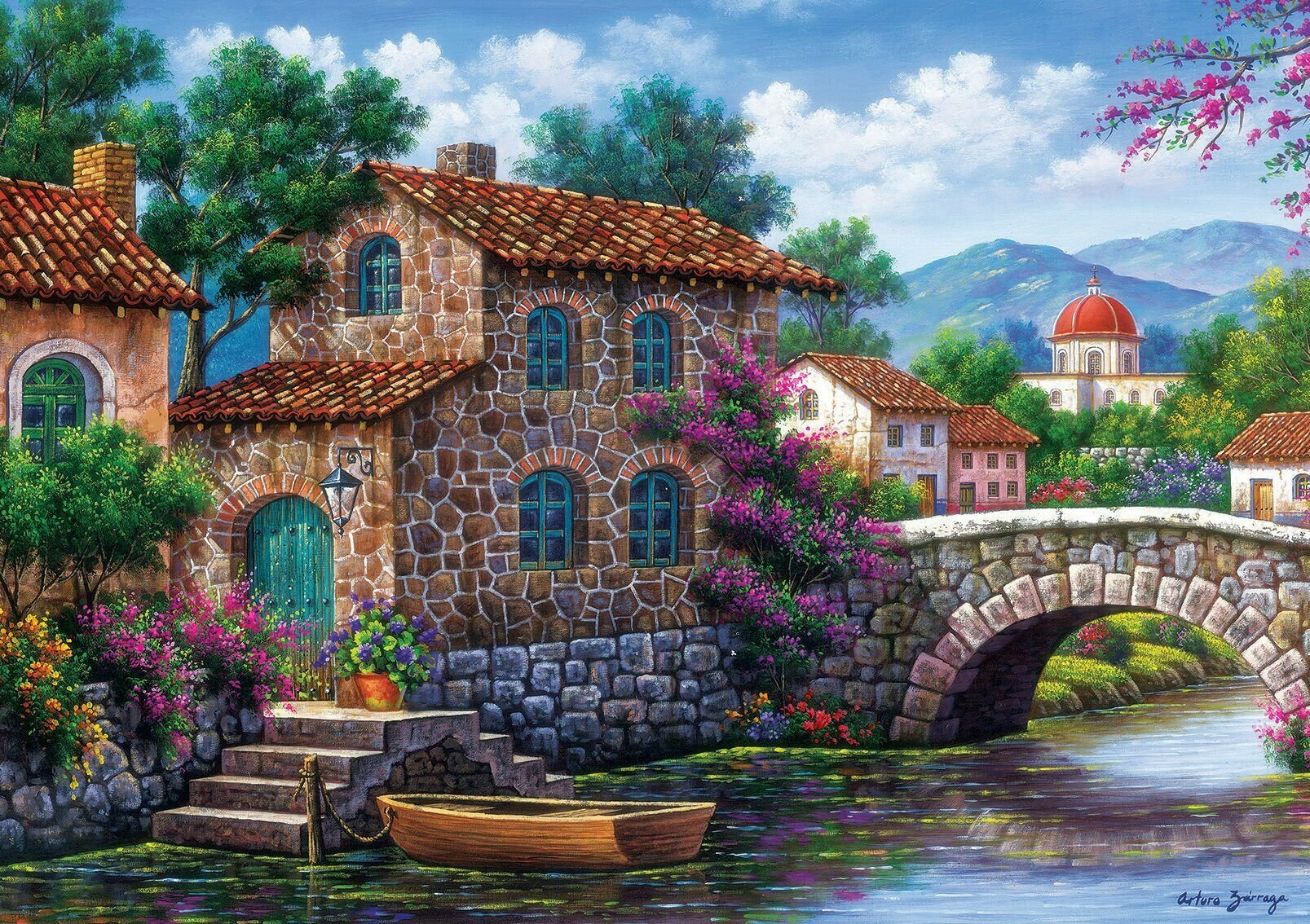 Kırmızı kiremitli, mavi pencereli taş ev ve nehirde eski bir kemer köprünün yanındaki bir kayık.