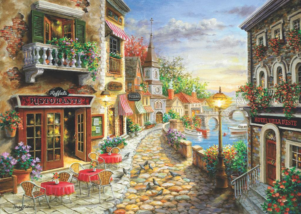 Arka planda restoran, köprü ve kanal olan pitoresk bir İtalyan sokağı tablosu.