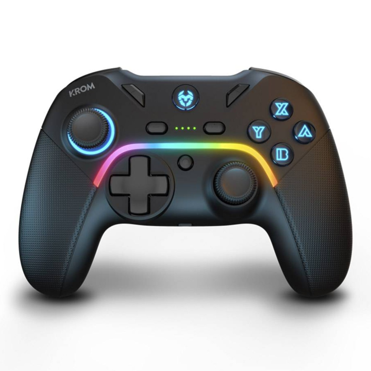 Un mando de juegos inalambrico negro con iluminacion RGB brillante alrededor del stick analogico izquierdo.
