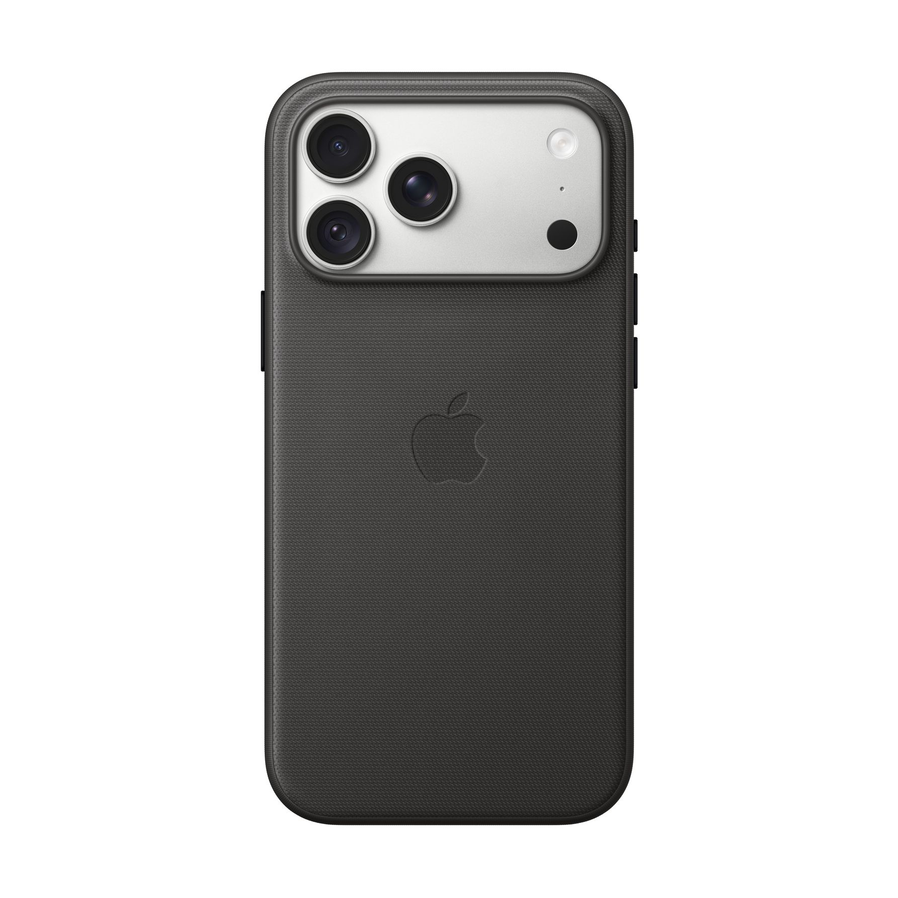 Una funda de smartphone negra con un módulo de cámara plateado arriba y el logo de Apple en el centro.