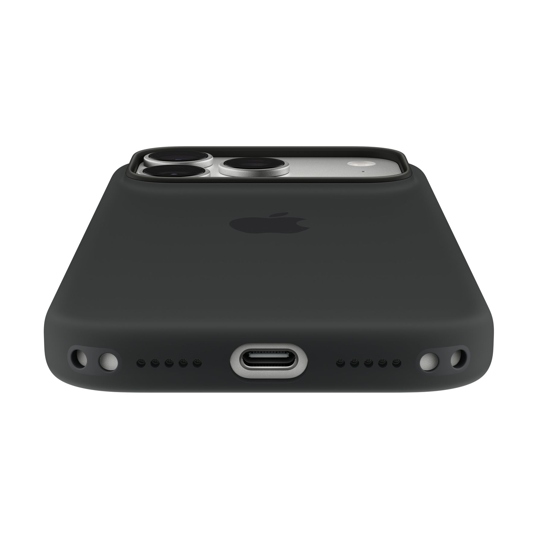Back of an iPhone in a black case, showing the USB-C port, speakers, and camera bump.