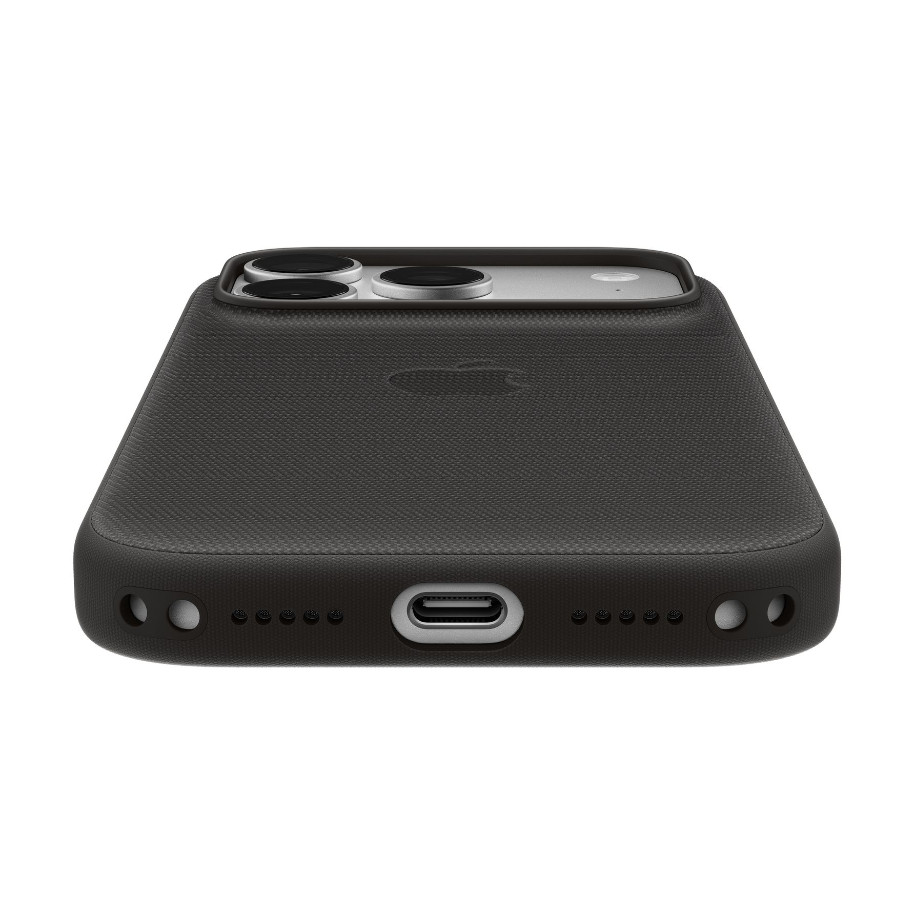 Un teléfono negro en funda protectora muestra el puerto USB-C, altavoces y lentes de cámara sobre fondo blanco.