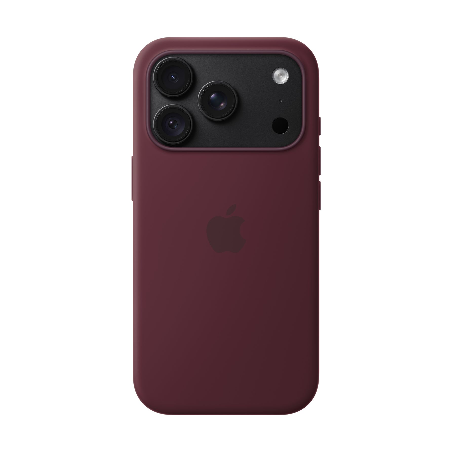 Smartphone rosso scuro visto da dietro con tripla fotocamera in alto e logo Apple al centro.