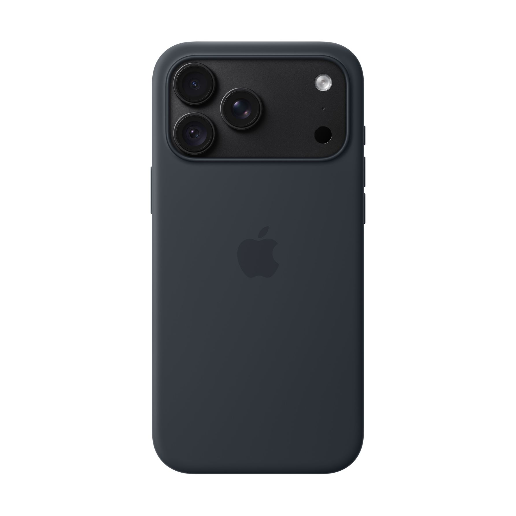 Vista posteriore di uno smartphone scuro con tripla fotocamera e logo Apple.