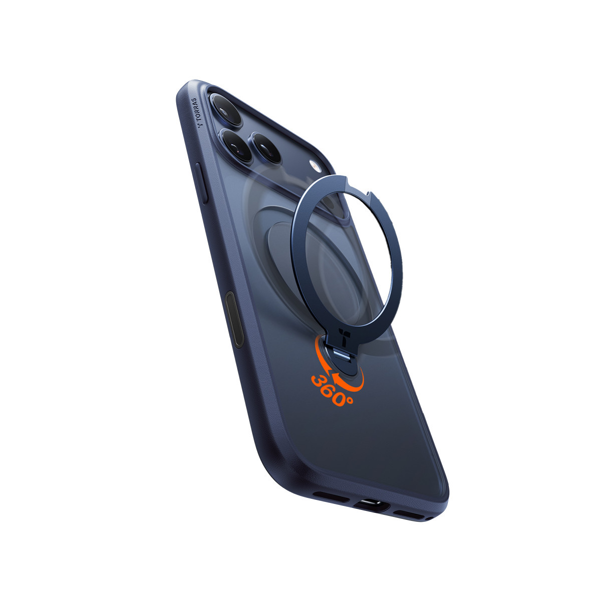 Arkasında entegre 360 derece dönebilen stand bulunan koruyucu kılıf içindeki mavi akıllı telefon.