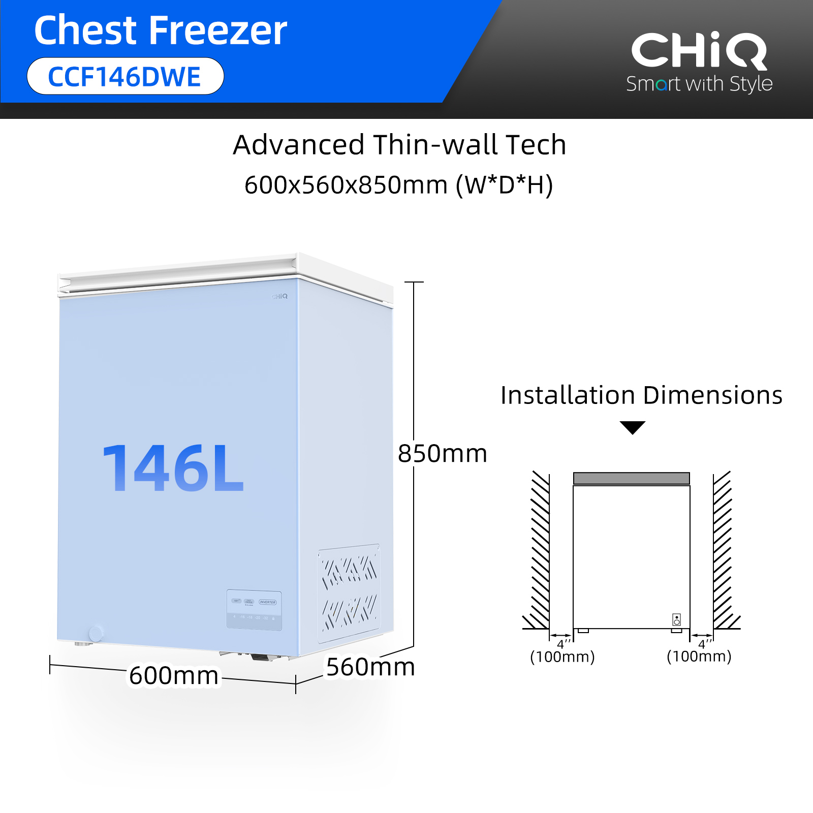 Diagramme montrant les dimensions d'un congélateur coffre bleu de 146L : 600x560x850mm.
