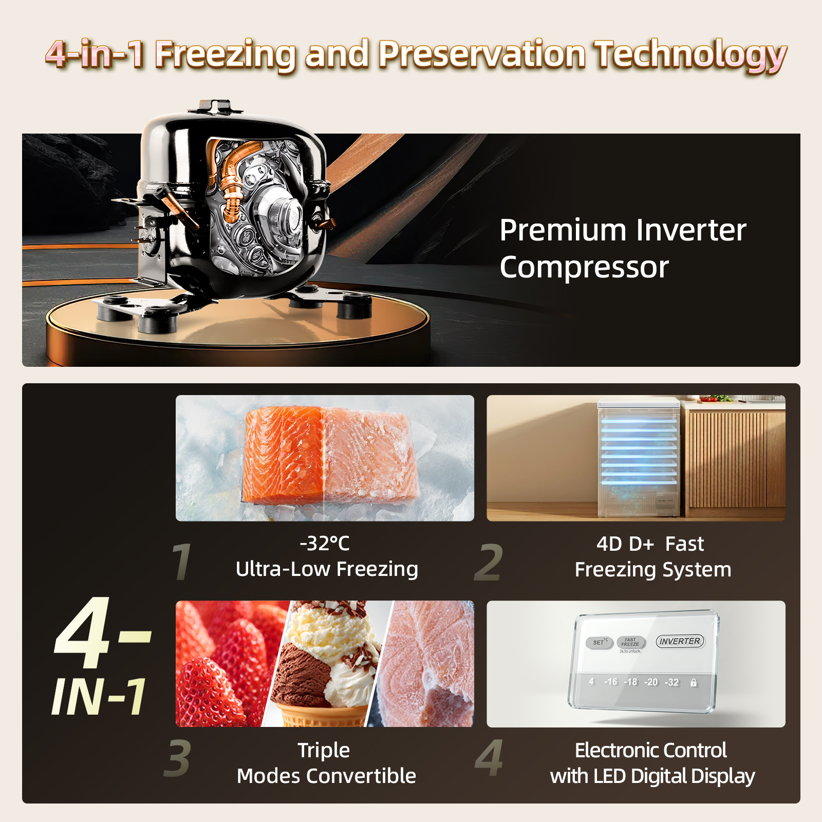 Infographie montrant la techno 4 en 1 avec compresseur inverter, surgélation et écran digital.