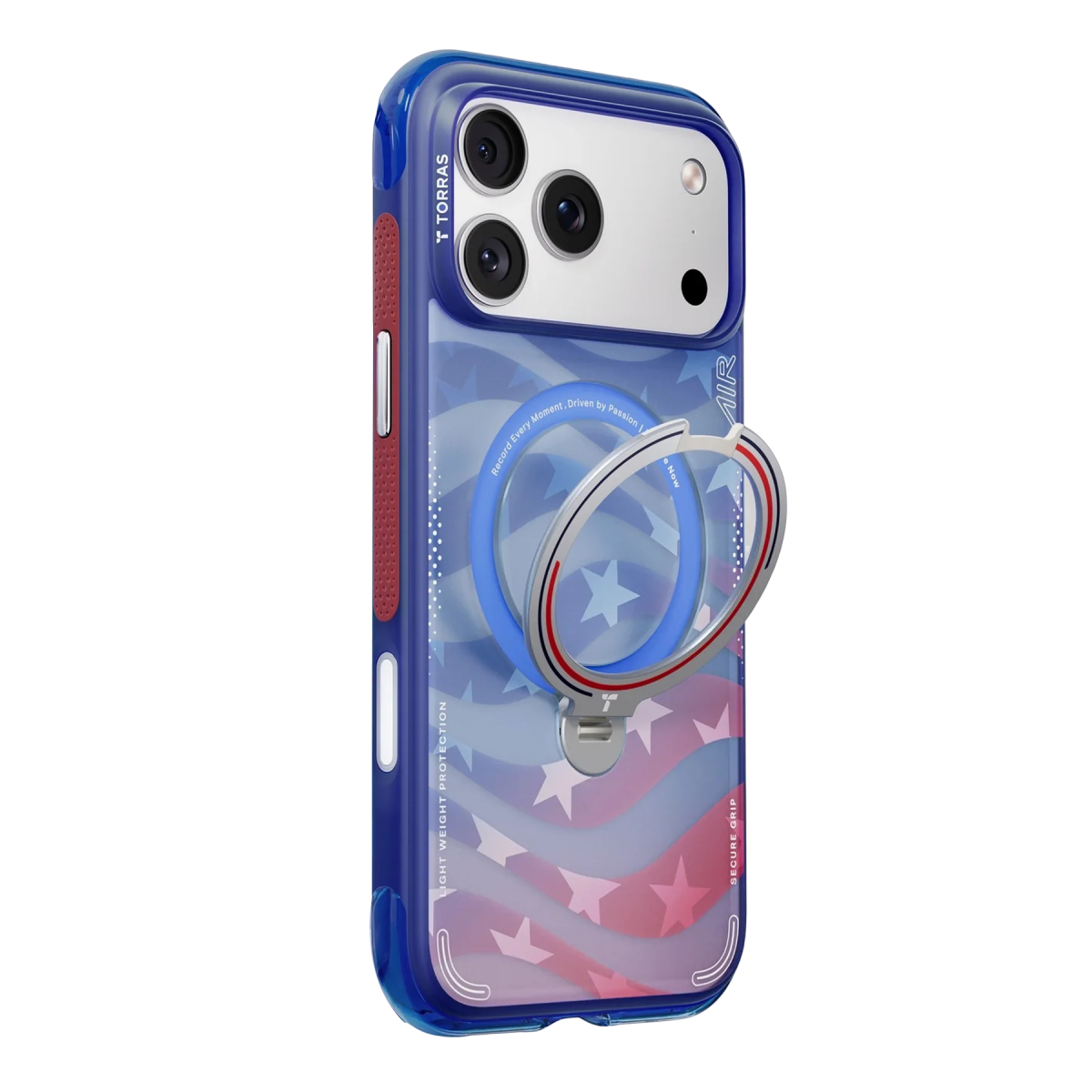 Amerikan bayrağı tasarımlı, kamera boşluklu ve arkasında gümüş destek halkası olan mavi akıllı telefon kılıfı.