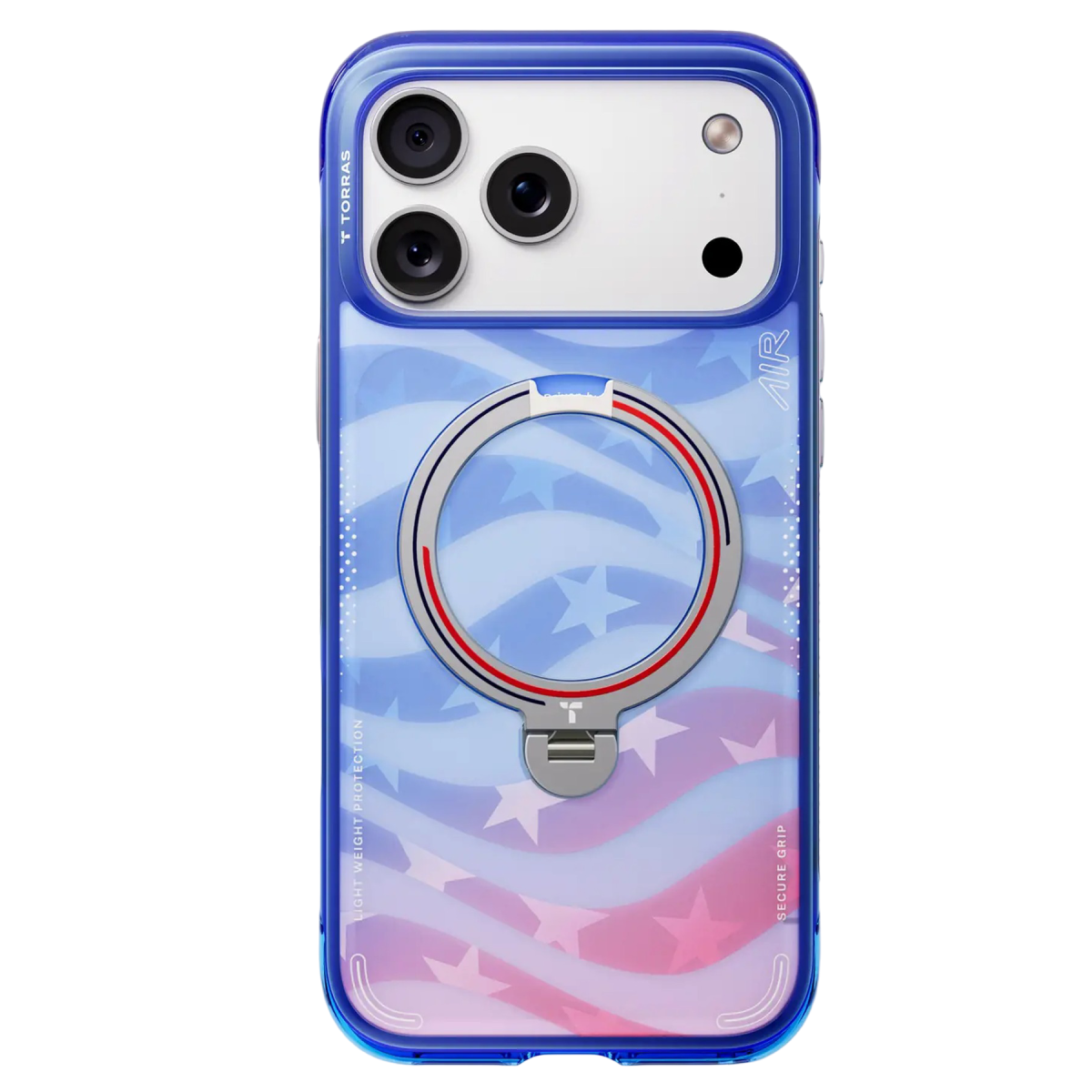 Amerikan bayrağı tasarımlı, mavi çerçeveli ve arkasında entegre metal halka bulunan bir akıllı telefon kılıfı.
