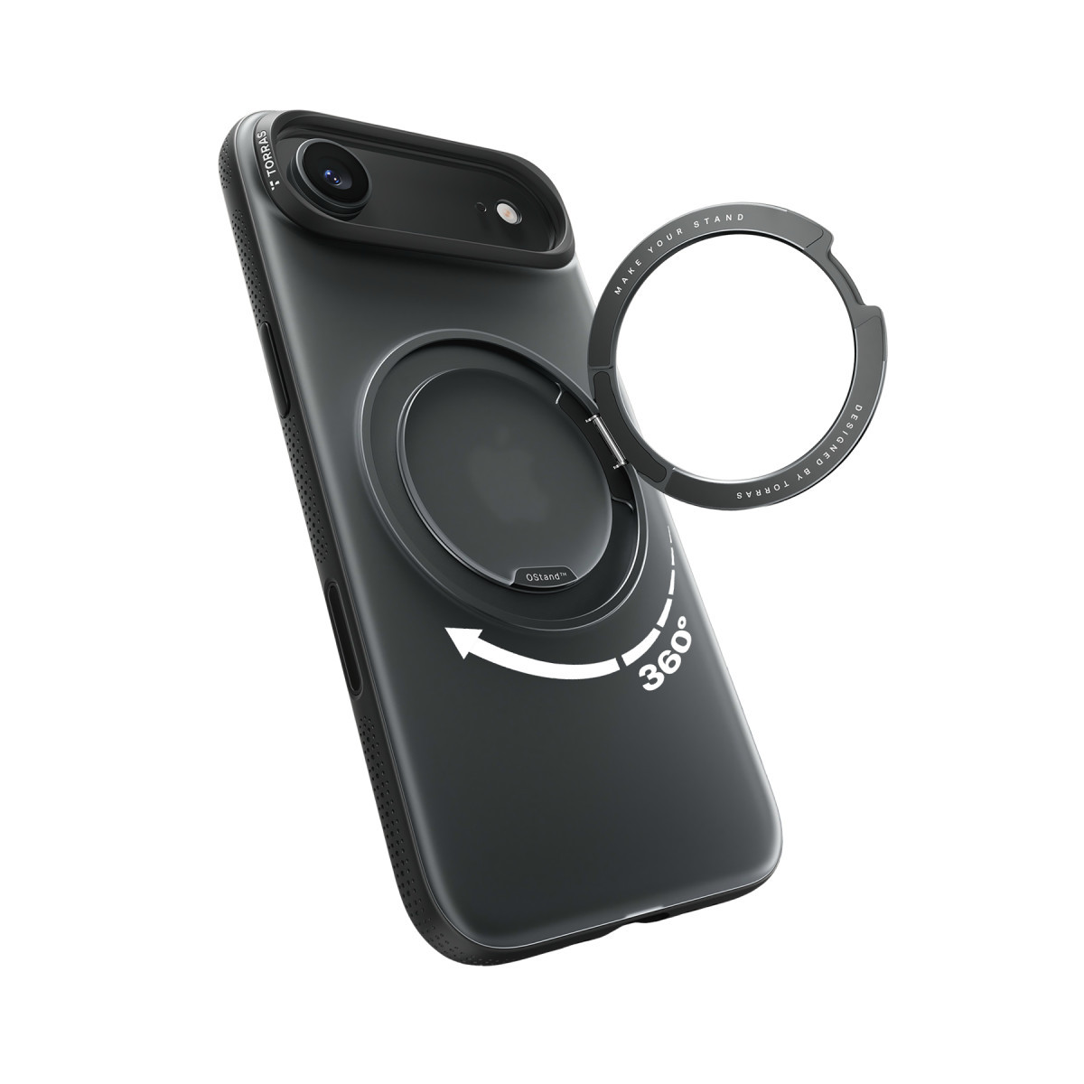Arkada 360 derece dönebilen dairesel standa sahip koruyucu kılıflı siyah akıllı telefon.
