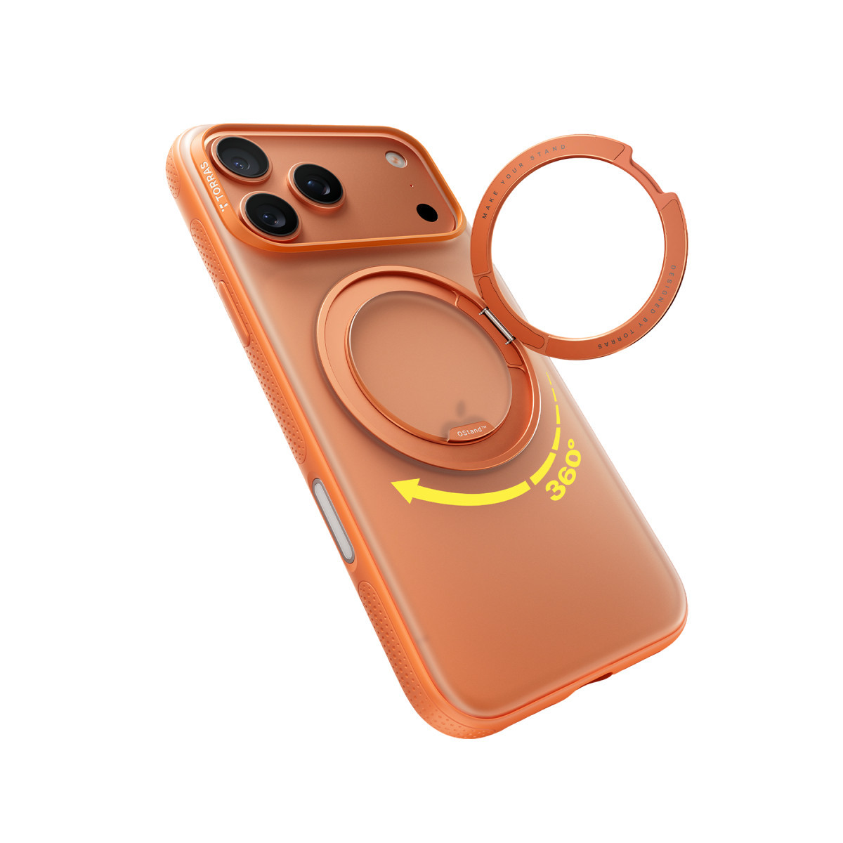 Arkada yerleşik dairesel standa ve 360 derece ok işaretine sahip turuncu bir akıllı telefon.
