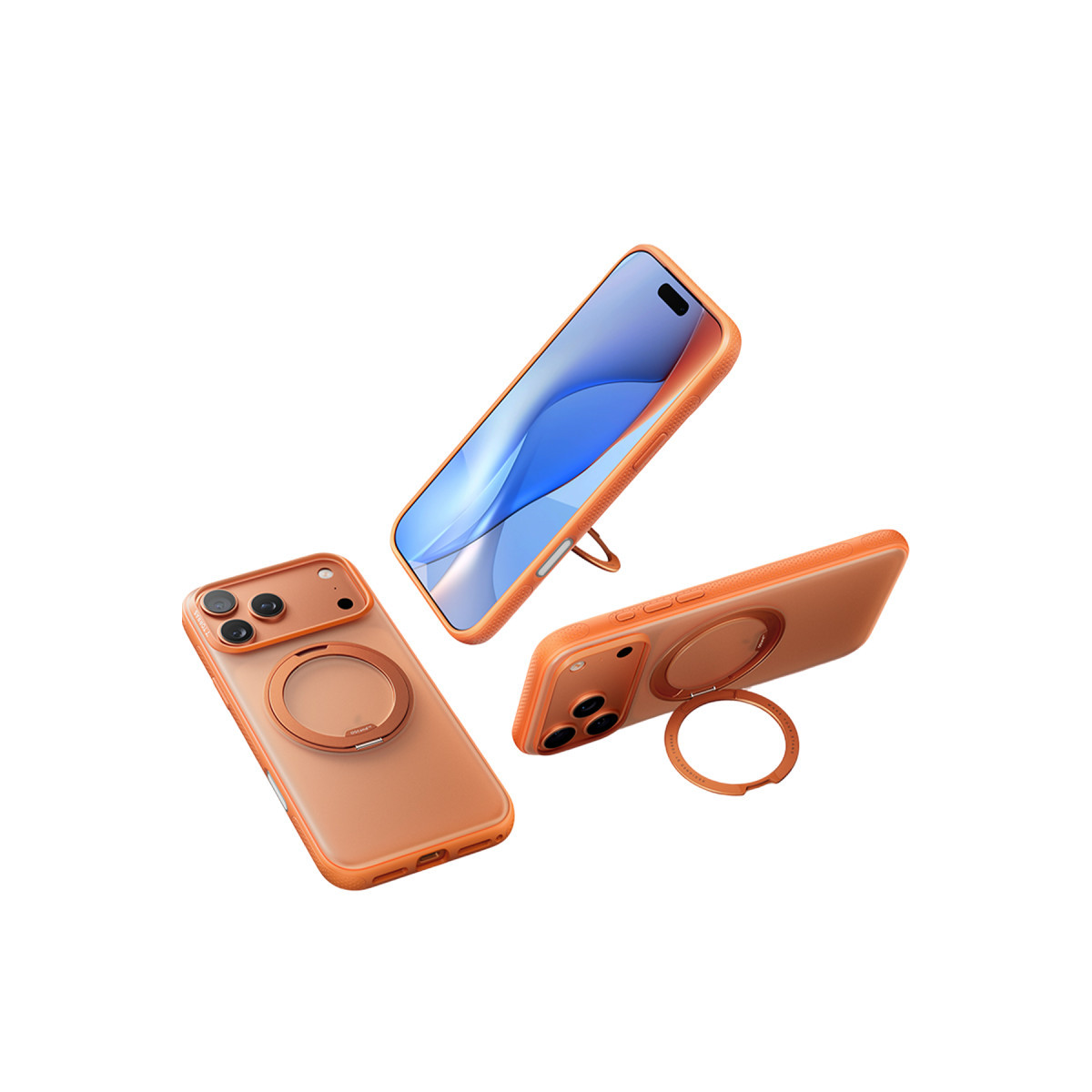 Farklı açılardan entegre stantlara ve MagSafe halkalarına sahip üç turuncu akıllı telefon kılıfı.
