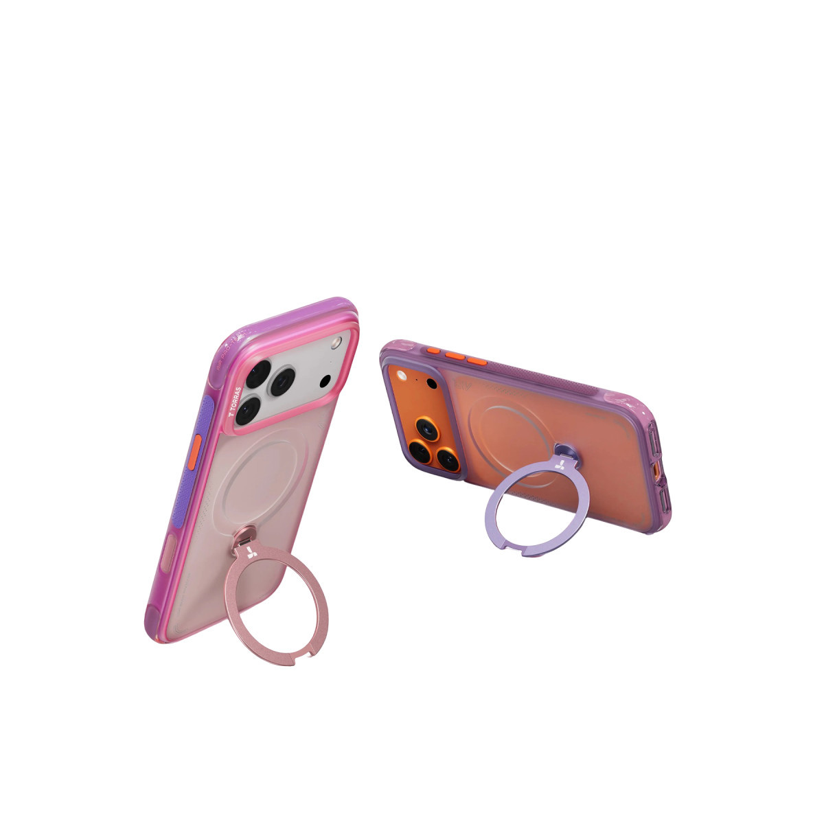 Beyaz arka planda entegre destek halkalarına sahip pembe ve mor kılıflı iki telefon.