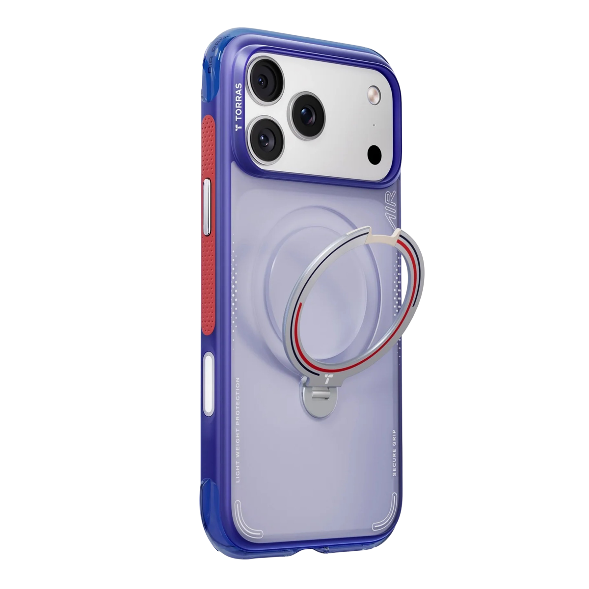 Arkasında entegre metal ayaklık halkası olan mor koruyucu kılıflı bir akıllı telefon, siyah arka planda.