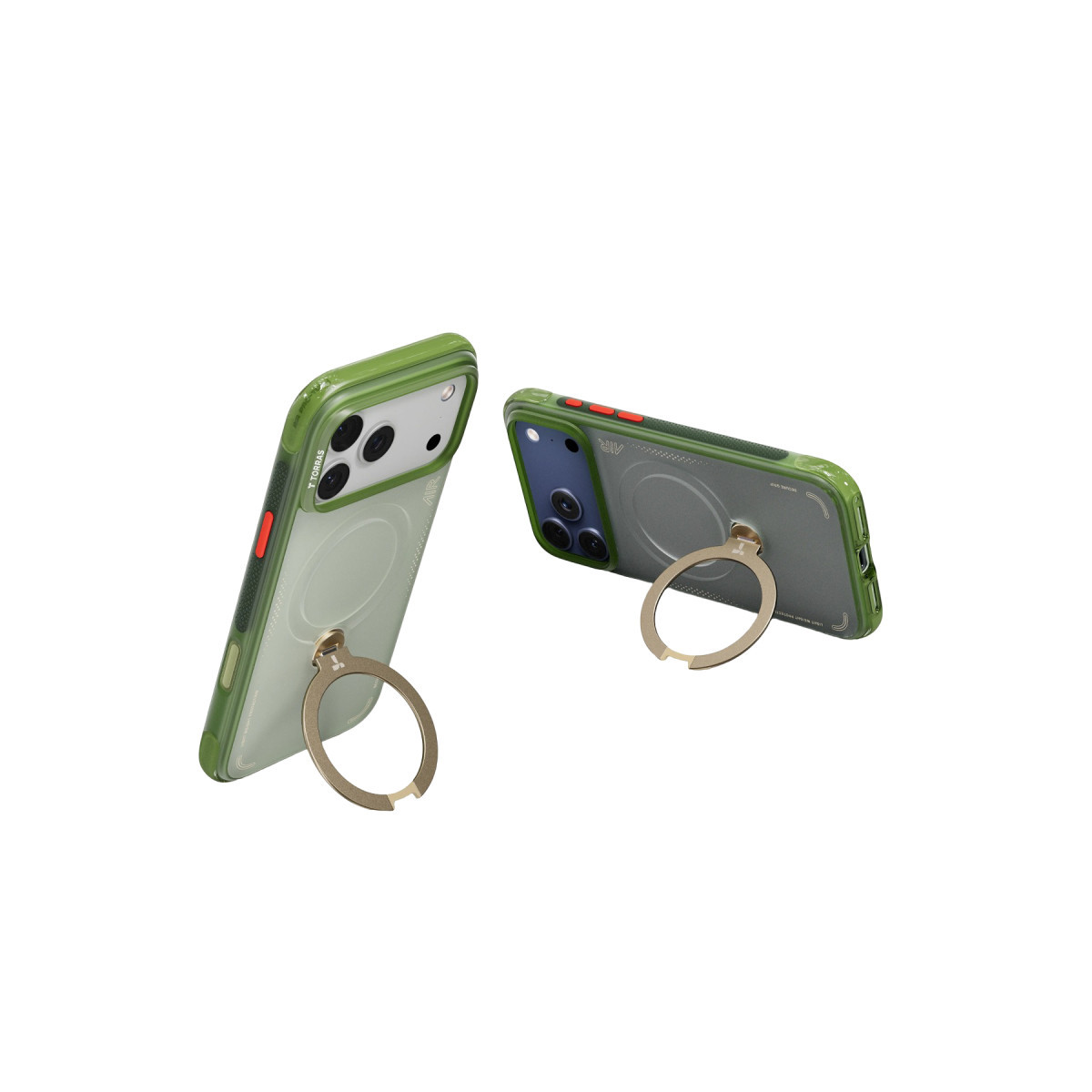 Farklı açılardan gösterilen, entegre altın halka standına sahip iki yeşil akıllı telefon kılıfı.