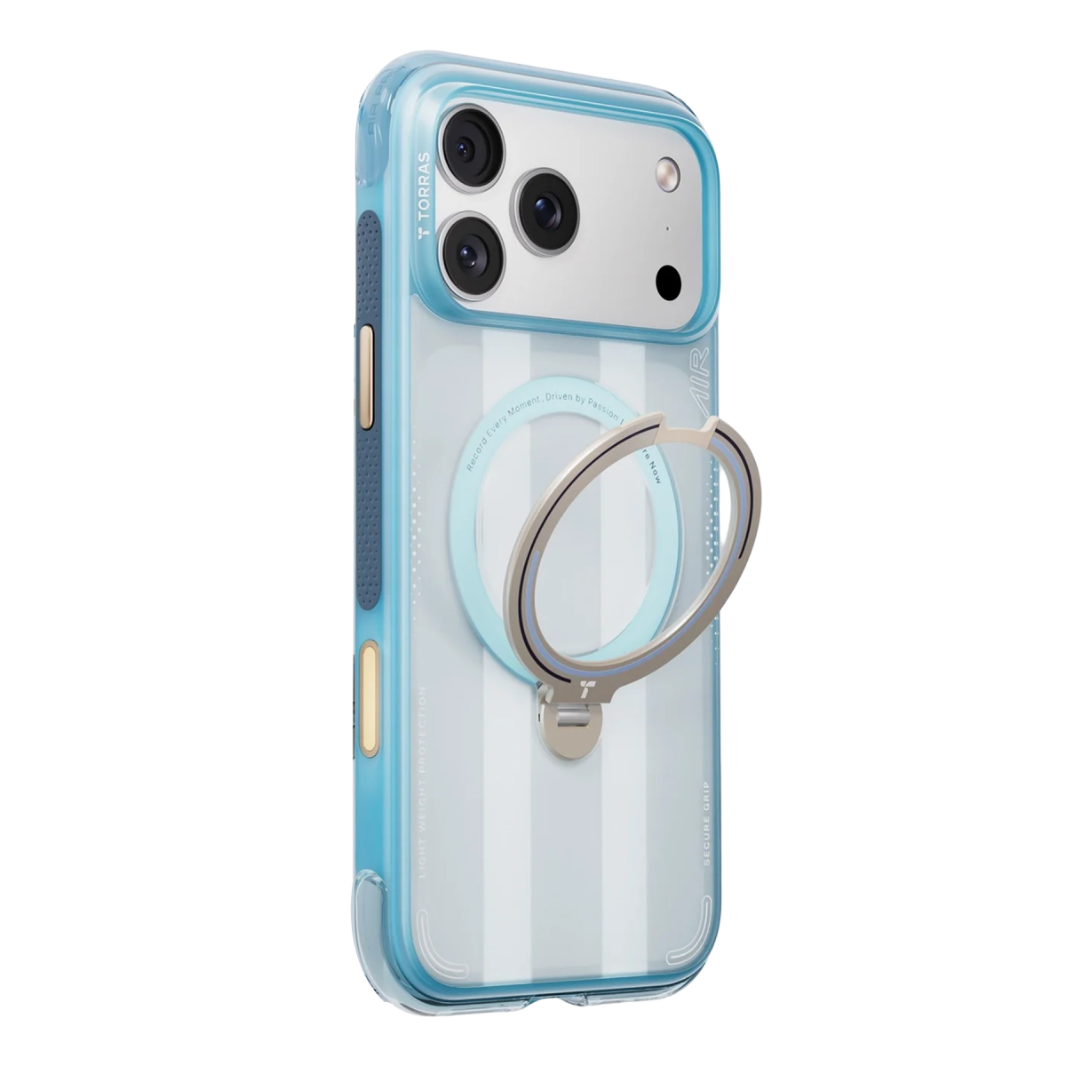 Siyah arka planda entegre metal halka standına sahip mavi telefon kılıfı.
