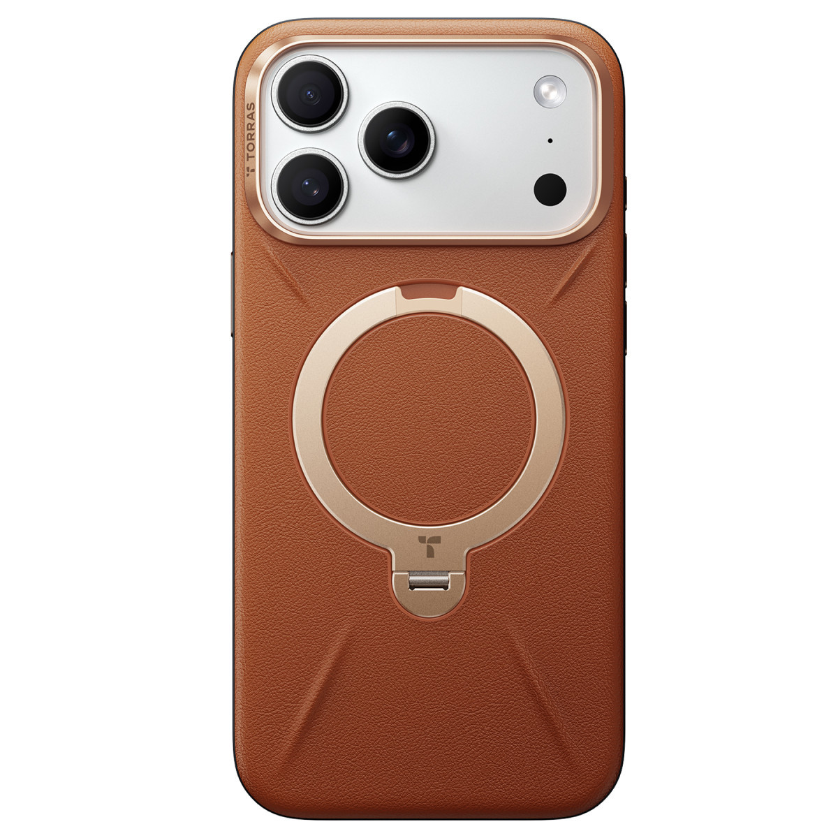 Arkada altın rengi dairesel halka standı ve üstte gümüş kamera modülü olan kahverengi deri telefon kılıfı.