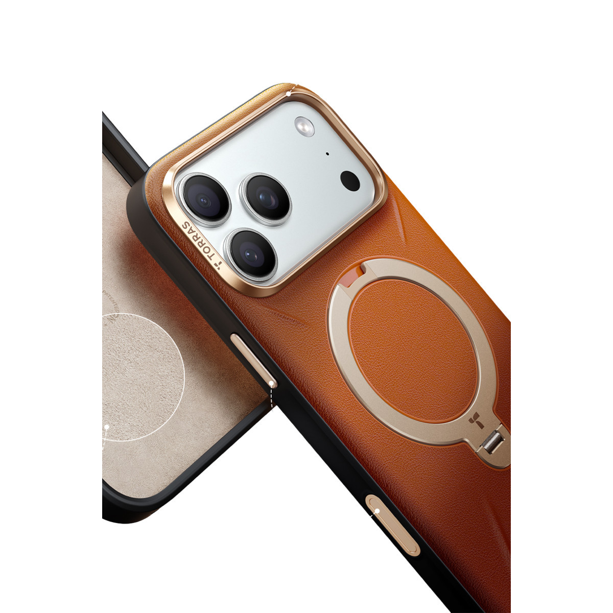 Altın metal halka standlı ve kamera çerçeveli kahverengi deri akıllı telefon kılıfı.