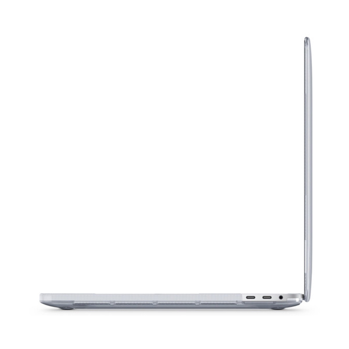 Seitenansicht eines geschlossenen Laptops in einer klaren Schutzhülle, mit sichtbaren Anschlüssen.