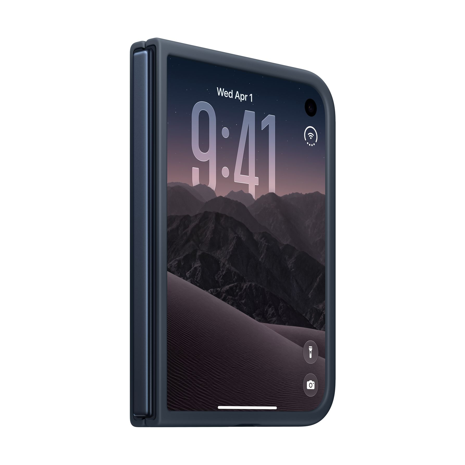 Un telefono pieghevole blu scuro chiuso mostra un paesaggio montano e la data sullo schermo esterno.