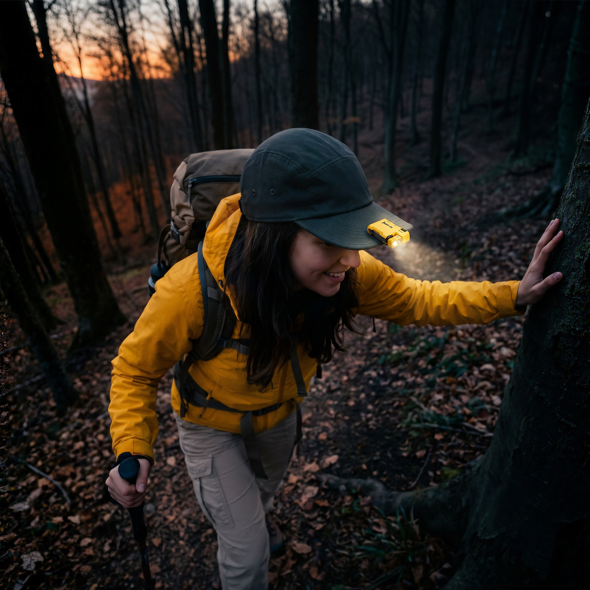 Wanderin mit gelber Jacke und Stirnlampe geht im herbstlichen Wald einen steilen Pfad hinauf.