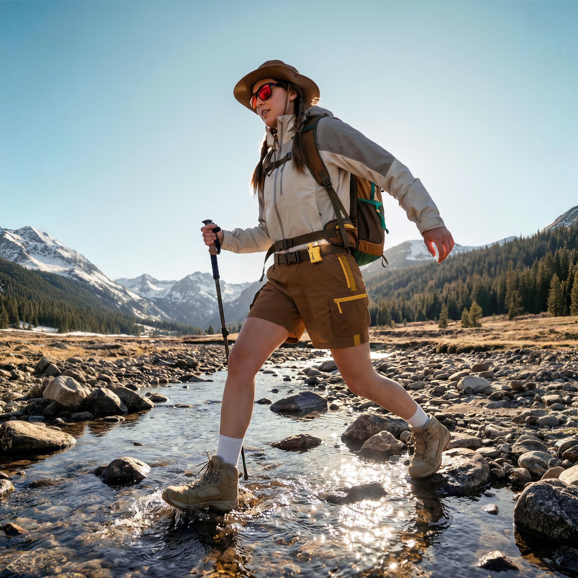 Eine Wanderin mit Hut und Rucksack überquert einen klaren Bach in einer Berglandschaft.