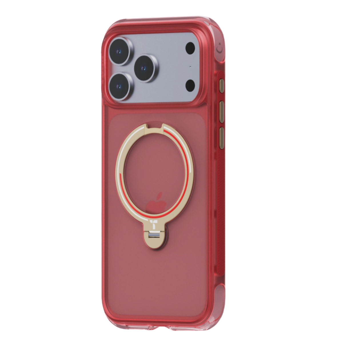 Siyah arka planda altın ve kırmızı manyetik halkalı ve kamera modüllü kırmızı akıllı telefon kılıfı.