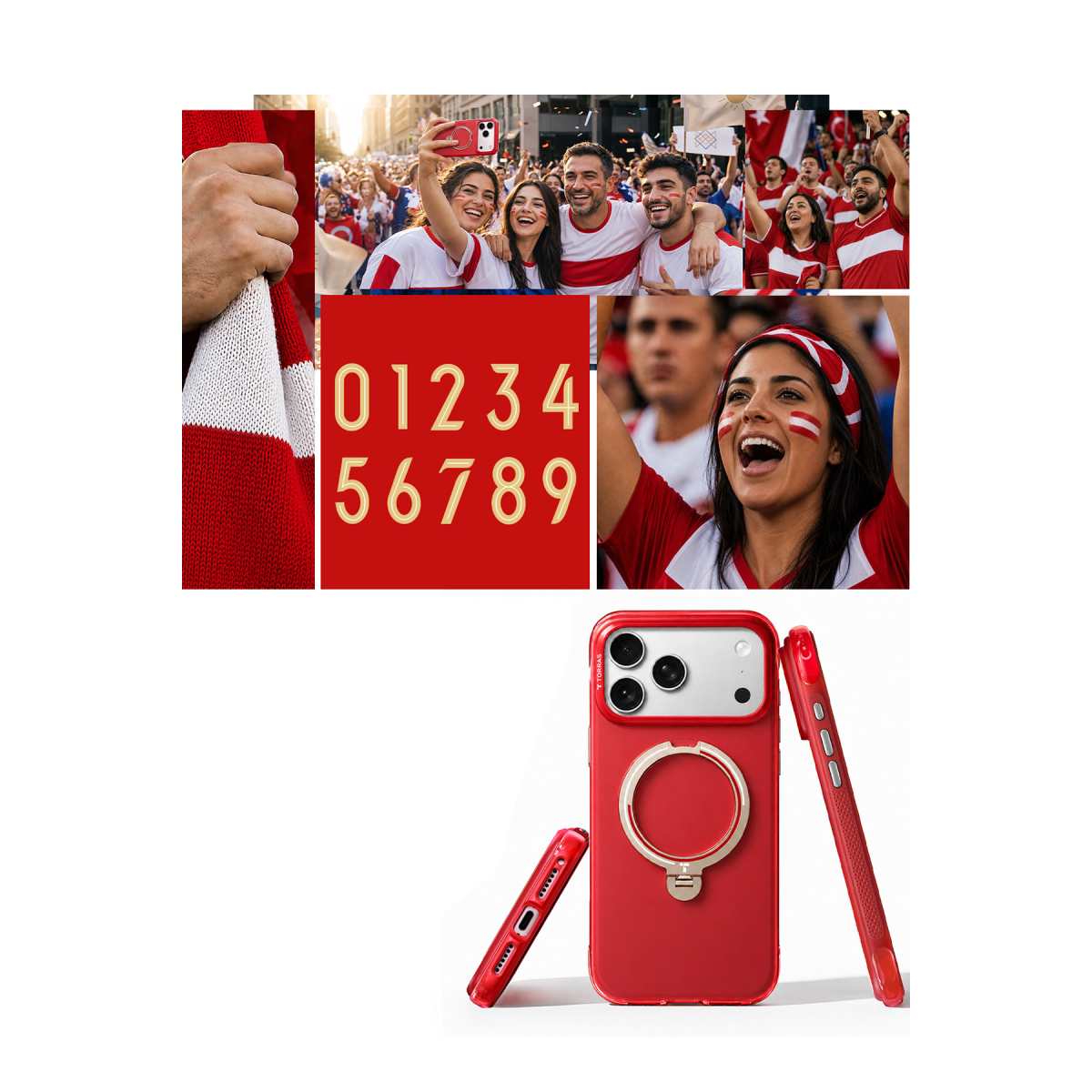 Entegre altın halka standına sahip kırmızı telefon kılıfı, birden fazla açıdan gösterilmiştir.