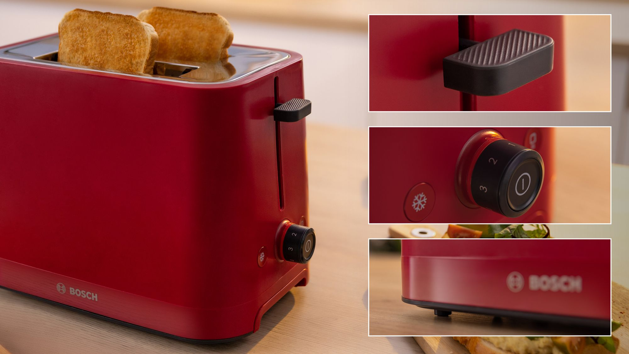 Una tostadora roja Bosch en una mesa de madera con dos rebanadas de pan y primeros planos de la palanca y el dial.