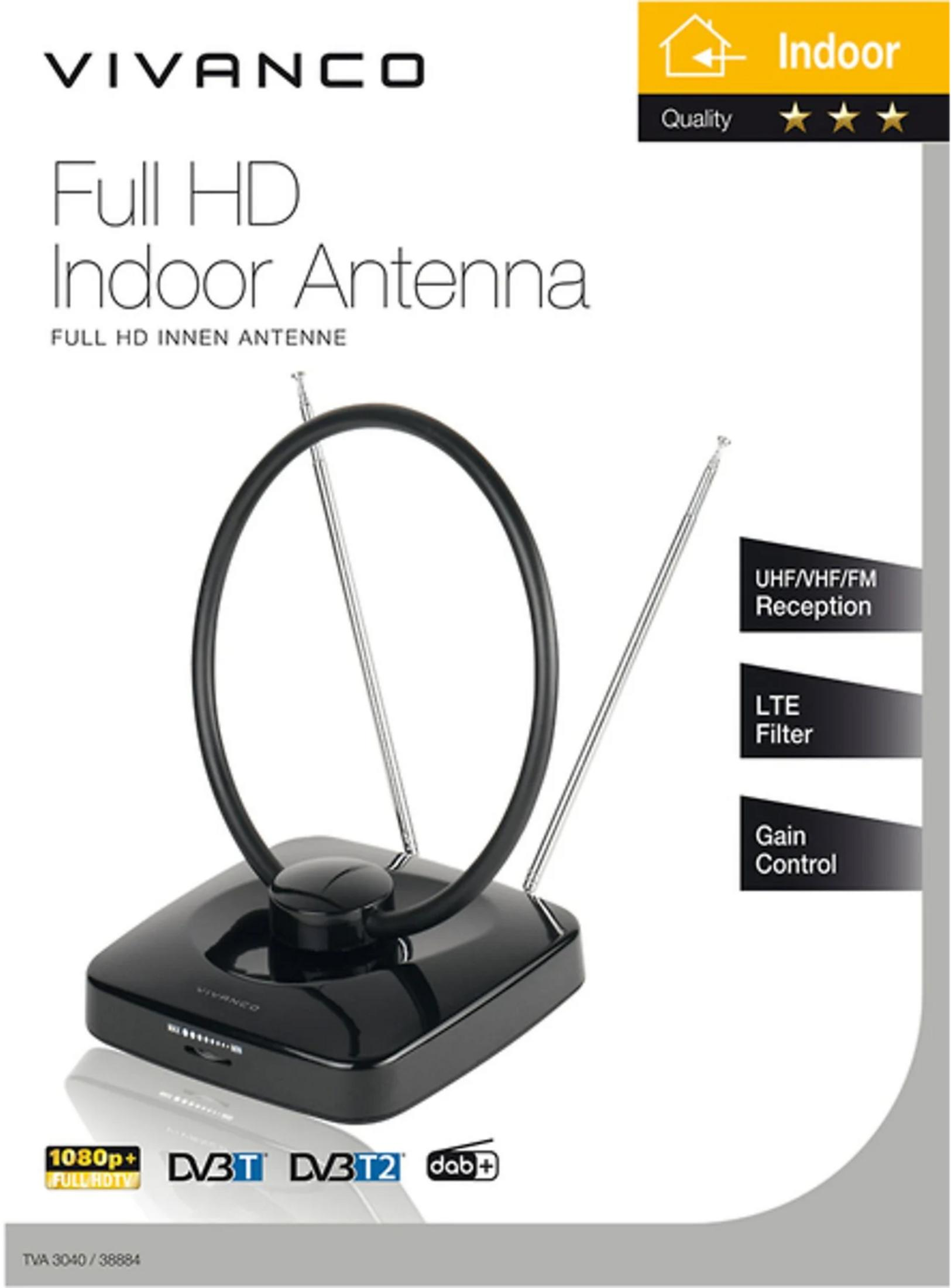 Antenna da interno Vivanco Full HD nera con aste telescopiche e anello circolare su base lucida.