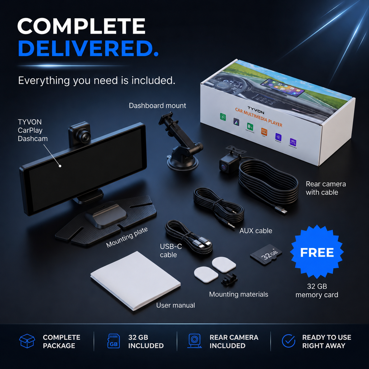 Kit dashcam Tyvon Carplay avec écran, supports, câbles, caméra arrière et carte mémoire 32 Go.