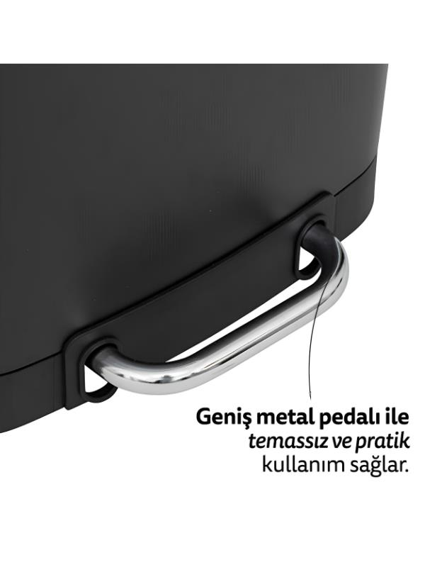 Parlak krom kulplu siyah bir hazne ve özelliklerini anlatan Türkçe metin.
