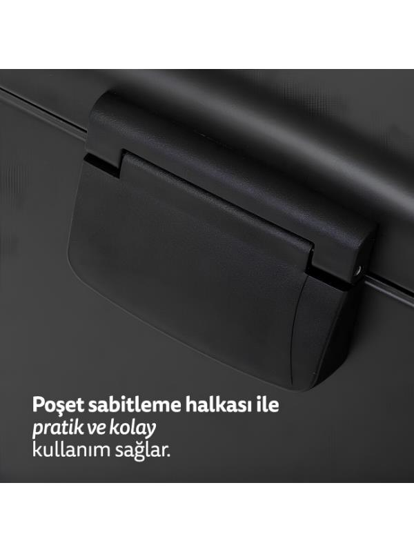 Kapaklı ve menteşeli siyah plastik kap.