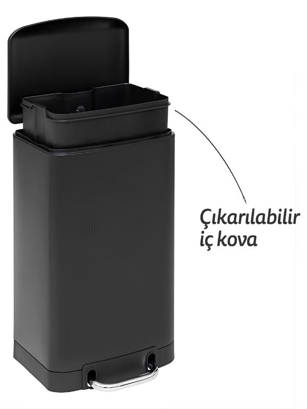 Kapağı açık siyah, dikdörtgen çöp kovası, çıkarılabilir iç kova ve gümüş renkli ayak pedalına sahip.