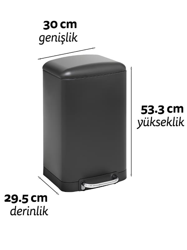 30 cm genişlik, 29.5 cm derinlik ve 53.3 cm yükseklik ölçülerini gösteren oklarla siyah dikdörtgen pedallı çöp kutusu.