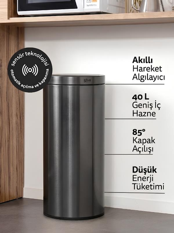 Sensör teknolojili, 40 litre kapasiteli ve akıllı hareket algılayıcılı çöp kovası.