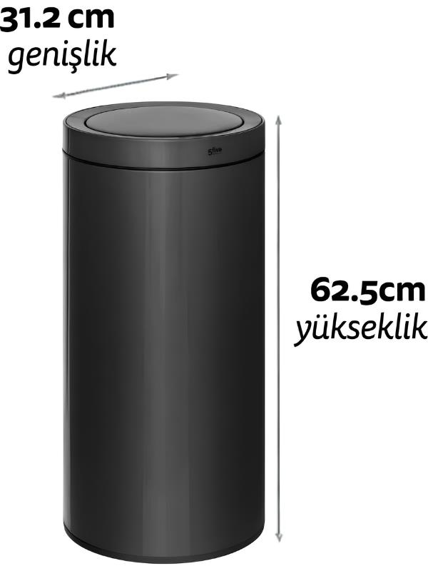 Beyaz arka planda 31.2 cm genişliğinde ve 62.5 cm yüksekliğinde koyu gri silindirik çöp kutusu.