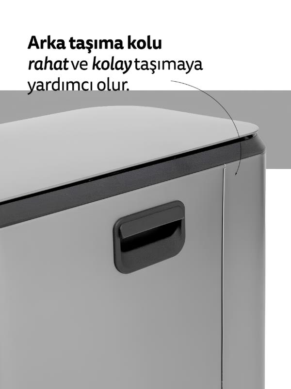 Yanda siyah kulpu olan gri çöp kutusu ve üstte metin.