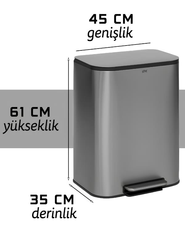 Gri paslanmaz celik pedalci cop kutusu, boyutlar: 45cm genislik, 61cm yukseklik, 35cm derinlik.
