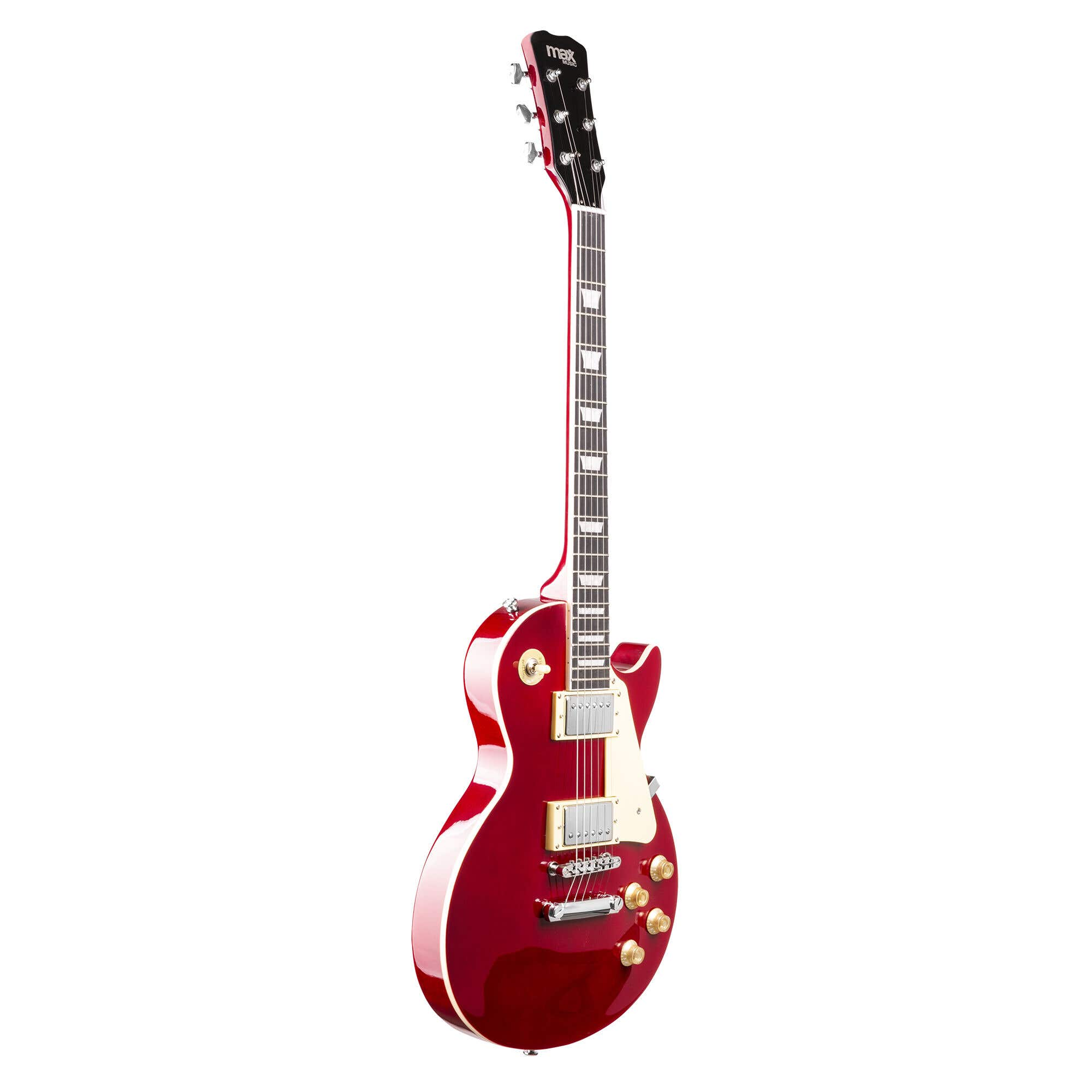 Una guitarra eléctrica roja brillante con ribete blanco y componentes de hardware cromados sobre fondo blanco.