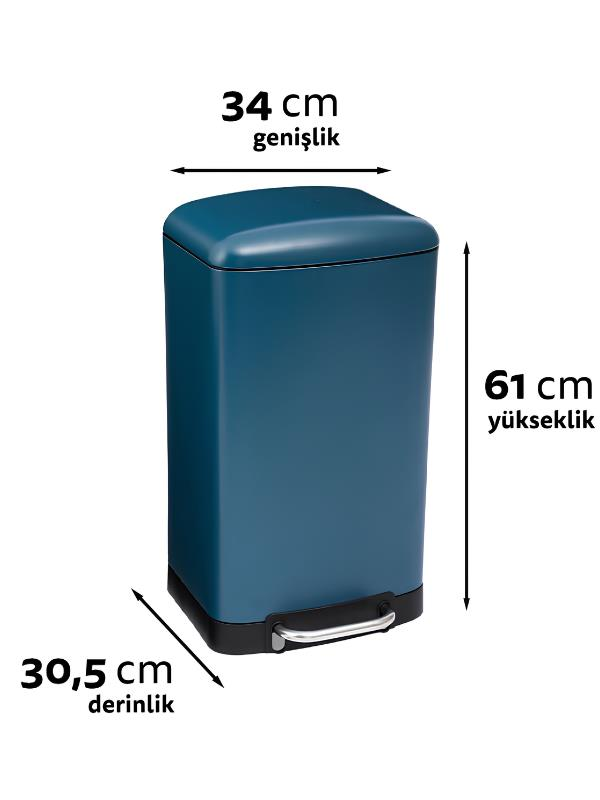 Boyutları 34 cm genişlik, 61 cm yükseklik, 30,5 cm derinlik olan turkuaz renkli pedal çöp kovası.