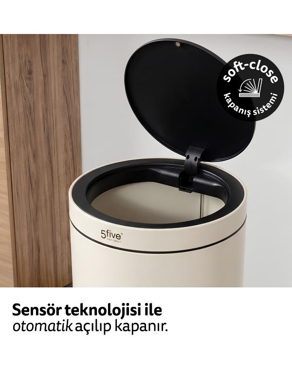 Açık siyah kapaklı bej çöp kovası, altta 5five logosu ve metin.