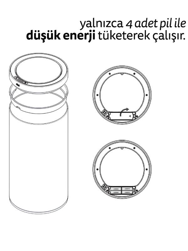 Pil ile çalışan silindirik cihazın teknik çizimi ve Türkçe metin.